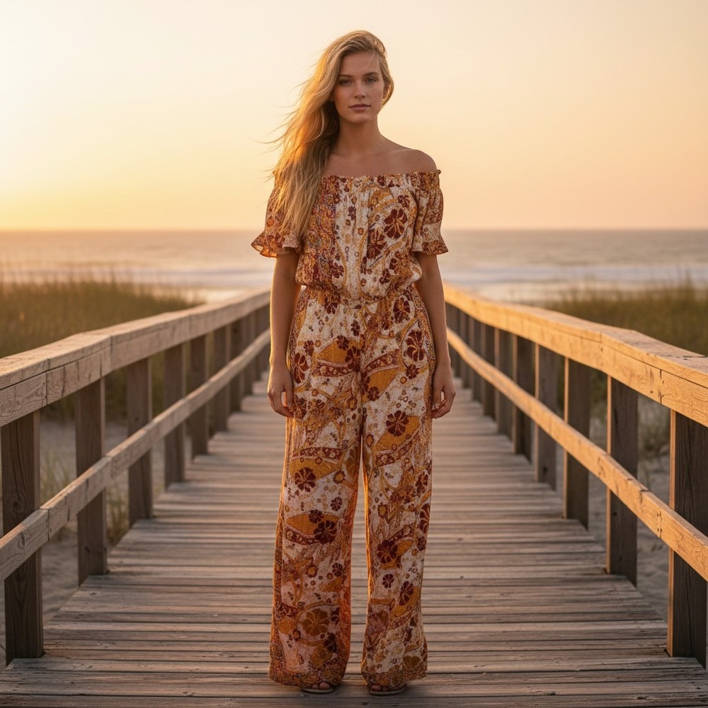 Free People Paisley Floral Smocked Wide Leg Jumpsuit Orange Red Small
